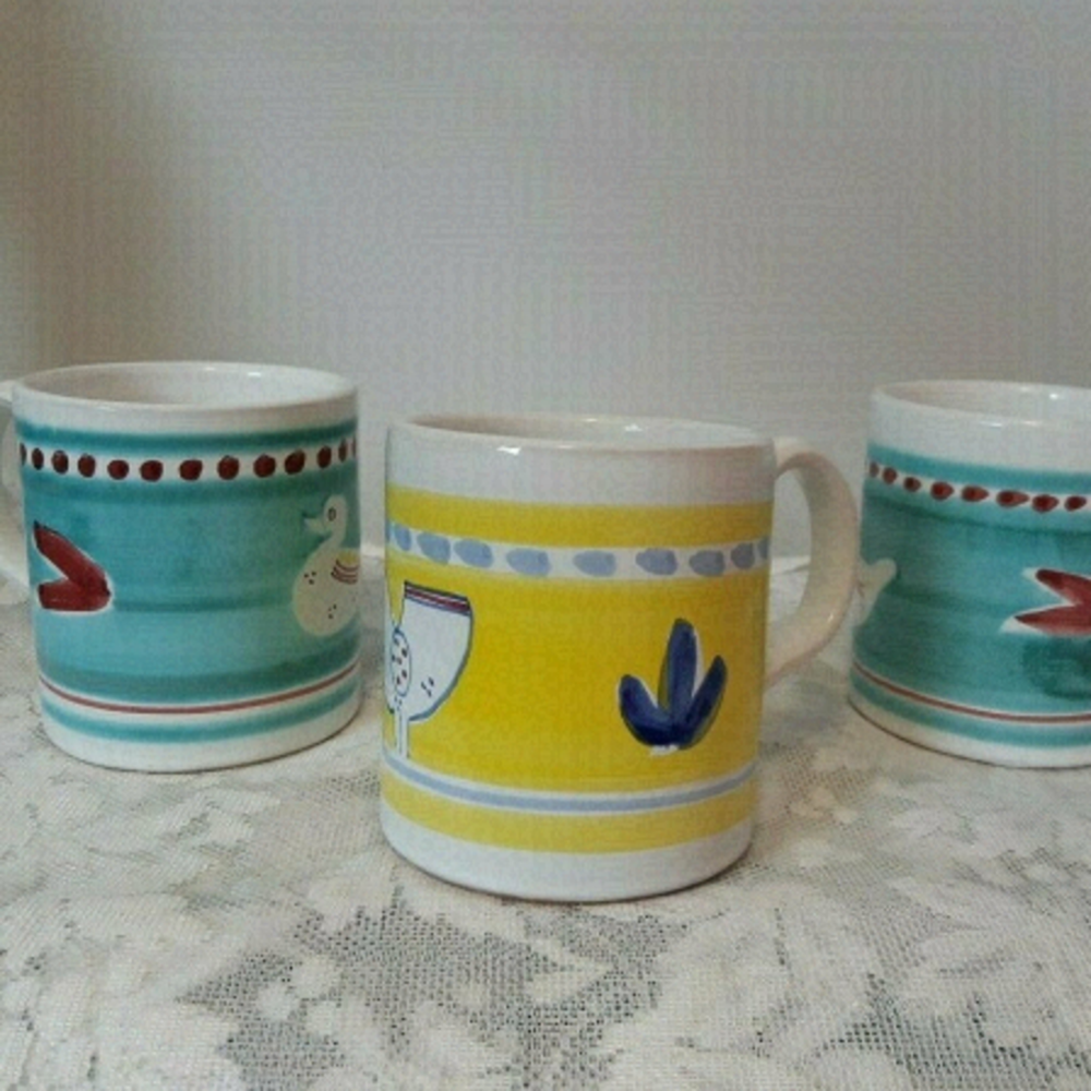 Made in ITALY CERAMIC pottery MUGS hand painted BIRD DUCKS 14OZ